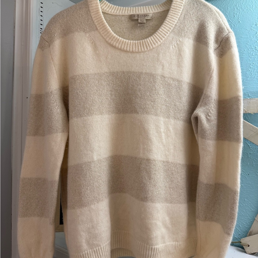 Burberry Brit Cashmere Sweater Women XL Cream Beige Striped Metallic Crewneck
